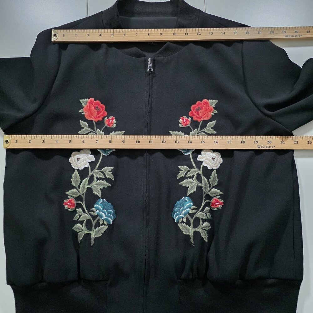 Karen Kane Floral Embroidered Bomber Jacket Womens L Black LS Zip Pockets Lined - Picture 4 of 16